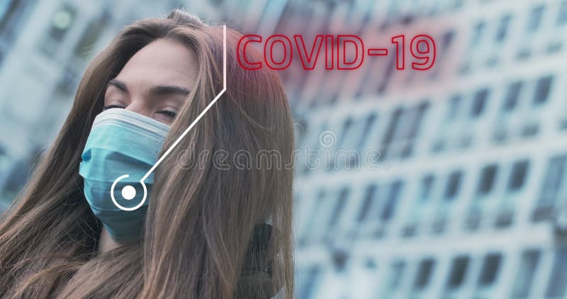 2d animation Covid-19 appearing out of protective mask of young brunette woman standing outdoors. Concept of pandemic royalty free illustration