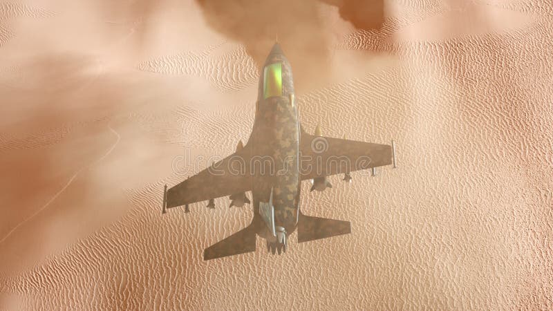 3d Animation of a fighter jet flying over desert