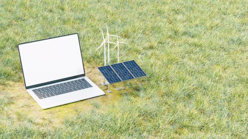 3D animation with modern laptop display near solar panels. vector illustration