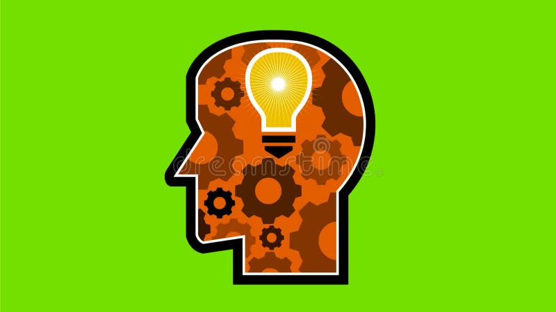 Head with Light Bulb and Cog Retro 2D Animation vector illustration