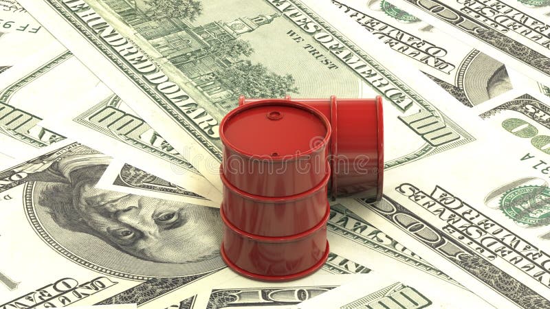 3d animation: Red barrels of oil lie on the background of dollar money. Petroleum business, black gold, gasoline production. Purch