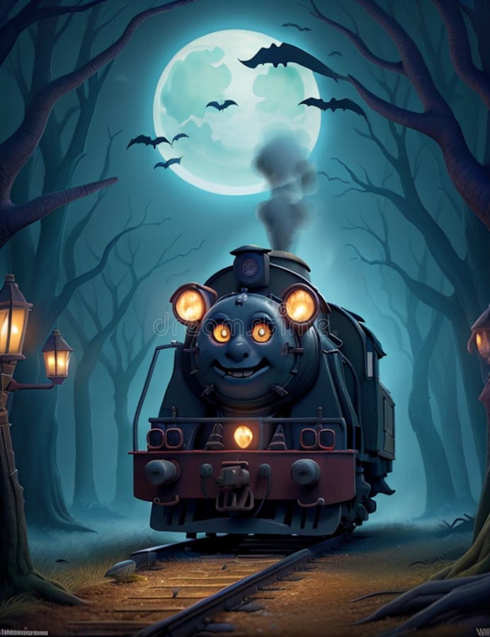 3d animering av ett helloween-tåg på natten som färdas i en läskskog generativ ai. ai genererad. stock illustrationer