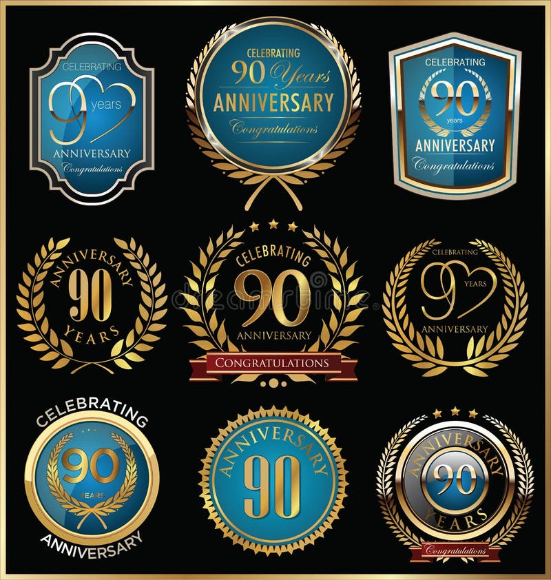 Or d'anniversaire et collection de labels de bleu, 90 ans illustration libre de droits Or d'anniversaire et collection de labels de bleu, 90 ans illustration libre de droits