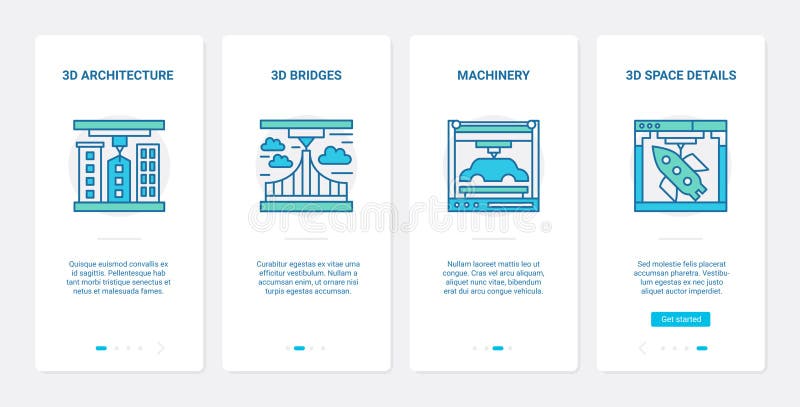 3d architecture and machinery modelling line design UX, UI mobile app page screen set stock illustration
