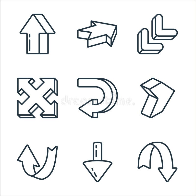 D arrows line icons. linear set. quality vector line set such as down arrow, down arrow, up arrow, right curved expand, diagonal royalty free illustration