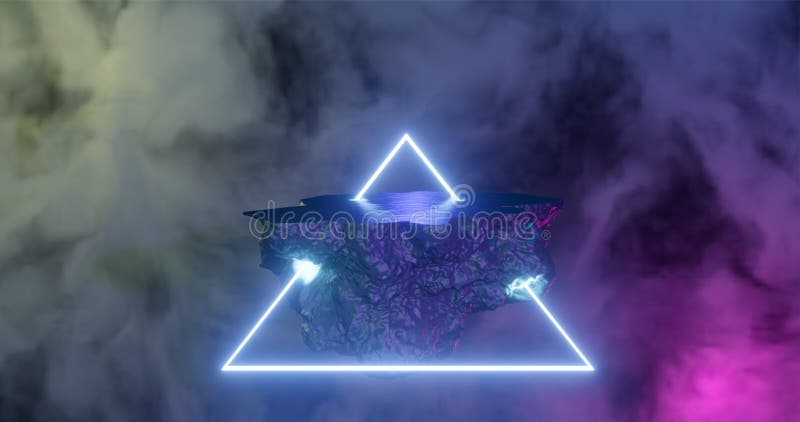 3d rendering. An asteroid in space among gas clouds lit by a light blue neon triangle vector illustration 3d rendering. An asteroid in space among gas clouds lit by a light blue neon triangle vector illustration
