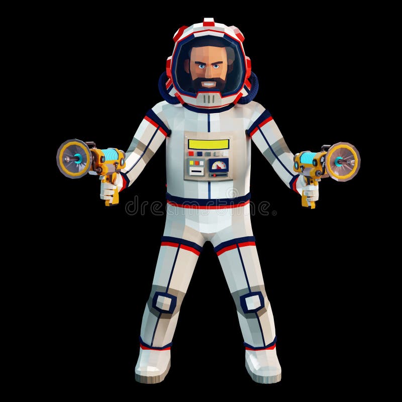 3D astronaut in a spacesuit with two blasters in hands royalty free illustration