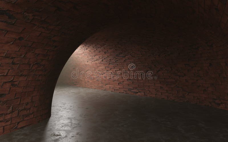 3d Att ge en realistisk bild av en tunnel för bunkerbunker under tegel. Volymt lätt damm i luften. ett bombskydd från stock illustrationer