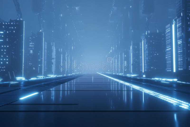 A 3D background of a futuristic data center, with endless rows of glowing blue server racks stock photos