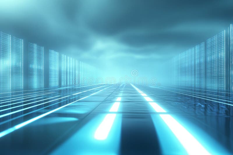 A 3D background of a futuristic data center, with endless rows of glowing blue server racks royalty free stock images