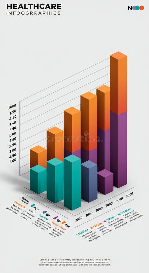 3D bar chart infographic depicting various healthcare data over years 2000, 3000 stock illustration