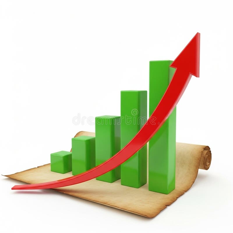 3D Bar Graph Showing Upward Trend on Aged Scroll with Red Arrow Ascending stock illustration
