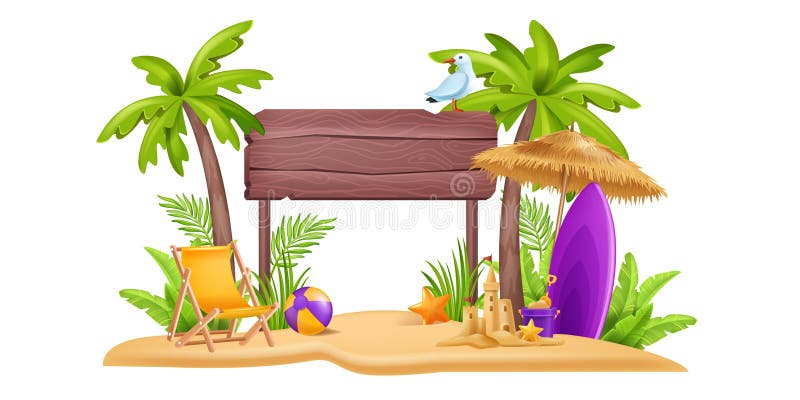 3D beach sign post, vector summer board vacation travel frame, exotic palm tree, sand castle, gull.