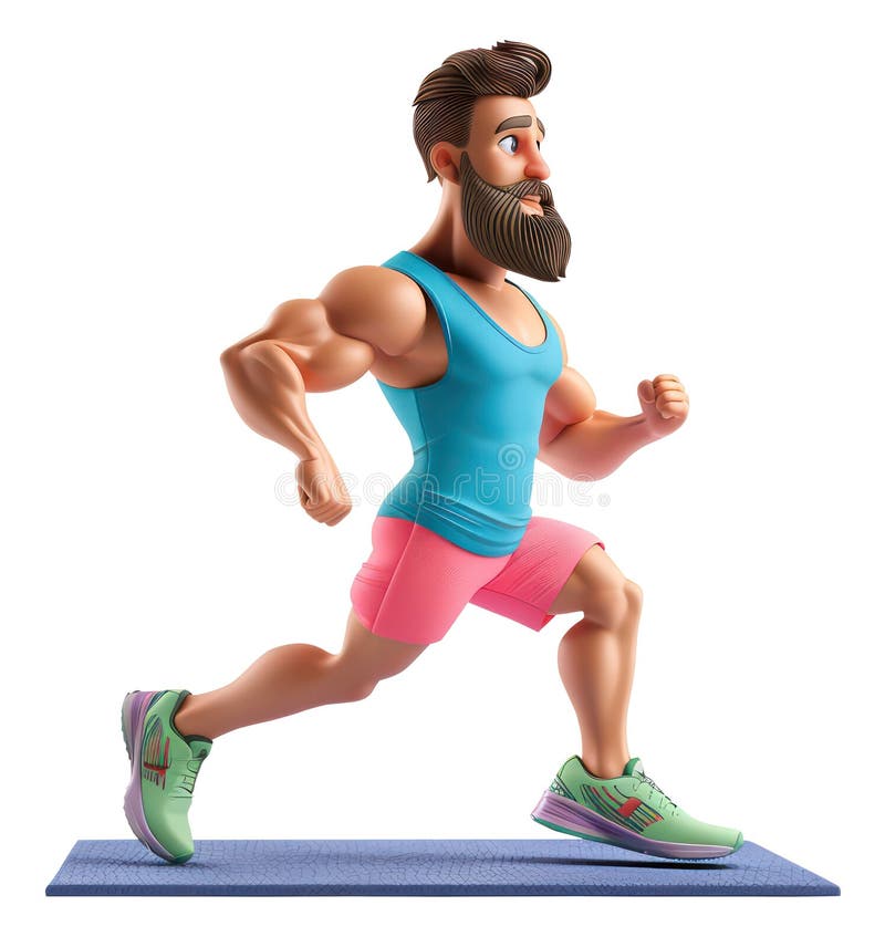 3d bearded man doing dynamic warm-up exercises on the mat. 3d illustration. Sportsman wears sportswear stock illustration