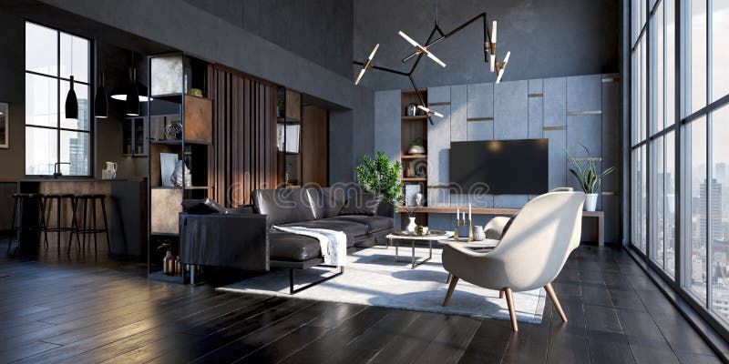 3d Beautiful Modern Interior Render, Open Space and Natural Light Stock ...