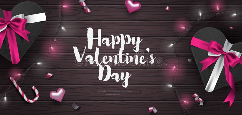 3d beautiful valentine`s day horizontal banner illustration with gift box, hearts, confetti and glowing string lights on wood back stock illustration 3d beautiful valentine`s day horizontal banner illustration with gift box, hearts, confetti and glowing string lights on wood back stock illustration