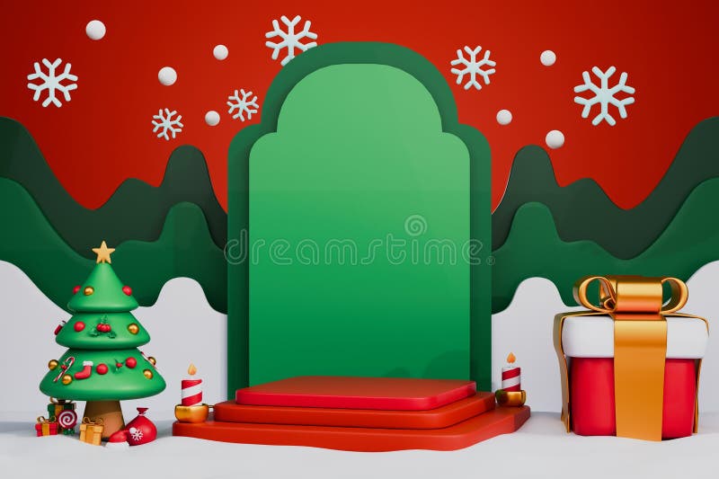 3d beffato natale allegro e felice sfondo del nuovo anno con pacco regalo pegno albero di natale e fiocchi di neve illustrazione vettoriale
