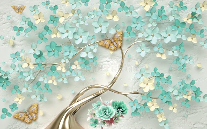 3d behang abstracte bloemenachtergrond met groene bloemen en gouden vlinder