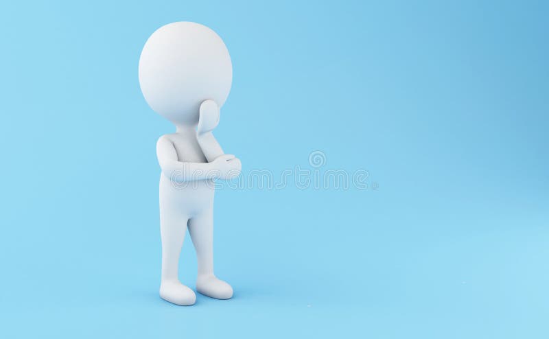 3d renderer illustration. White people standing and thinking on blue background. 3d renderer illustration. White people standing and thinking on blue background