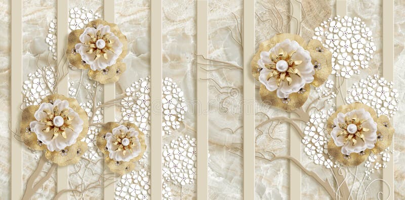 3d wallpaper, gold jewelry flowers, vertical stripes on marble background. 3d illustration. 3d wallpaper, gold jewelry flowers, vertical stripes on marble background. 3d illustration