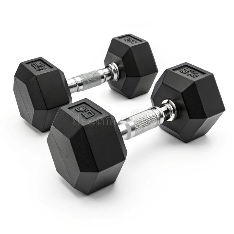 3D Black Hexagonal Dumbbells with Chromed Barbell vector illustration
