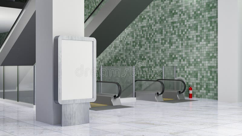 Download 3D Blank Mockup Advertising Signboard Stand With Pole Near Escalator Stock Illustration ...