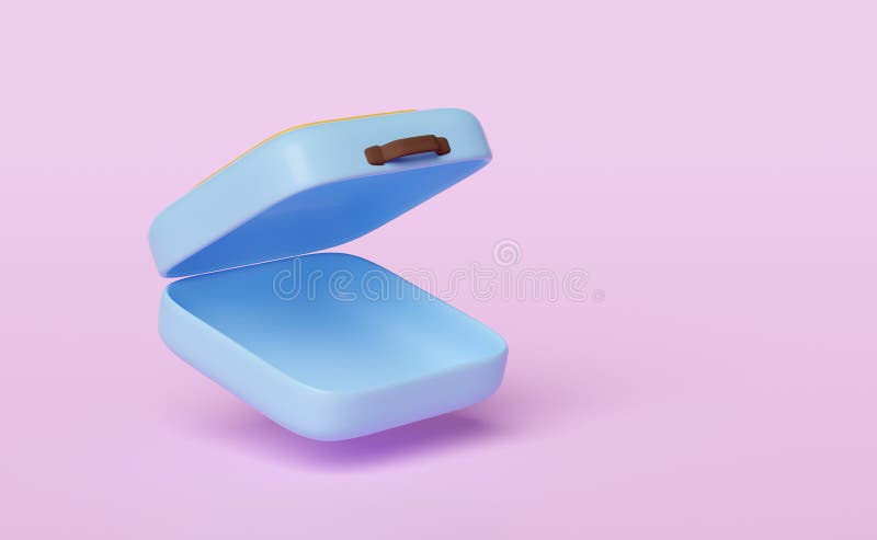 3D blauer offener Koffer leer isoliert auf rosa Hintergrund. minimales abstraktes Sommerreisekonzept 3D-Darstellung lizenzfreie abbildung