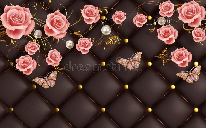 3d Blomsmycken med rosa papper och butterflies brunt läderbakgrund vektor illustrationer