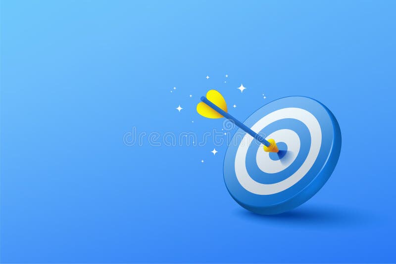 Blue dart hit to center of dartboard in right composition with blue background vector illustration