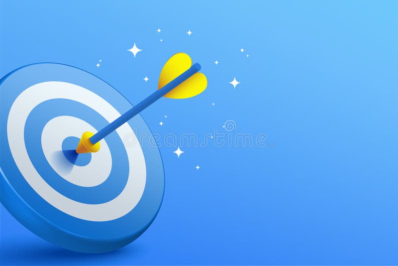 3d blue dart hit to center of blue dartboard in left composition with blue background stock illustration