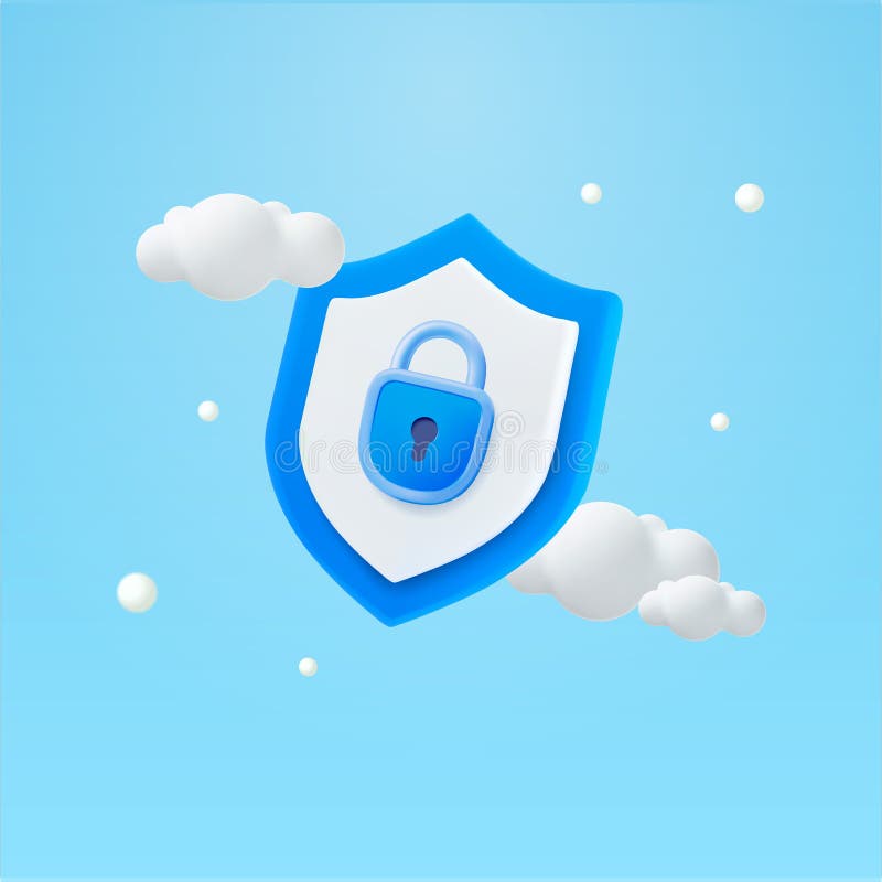 3d blue shield icon with secured lock, isolated on background. Concept for password security, safe account, cloud data vector illustration