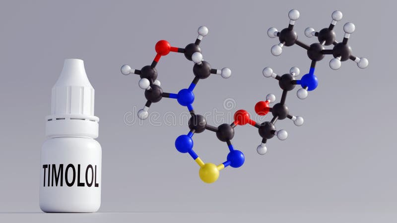 A 3d bottle labeled \'TIMOLOL\' with molecular structure of the compound royalty free illustration