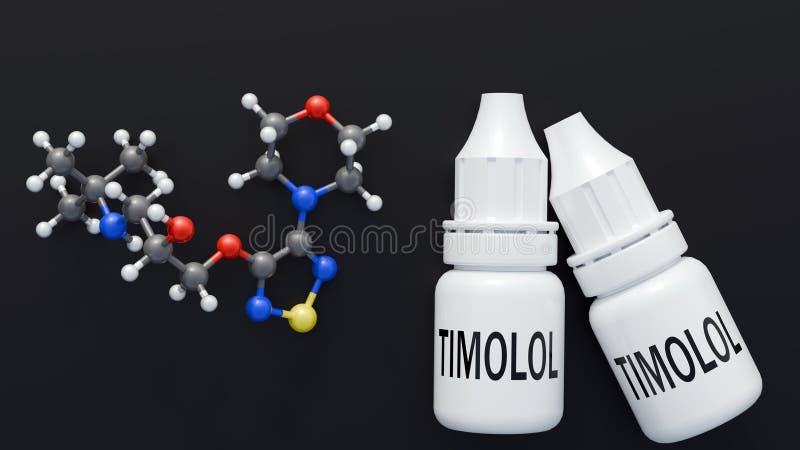 A 3d bottle labeled \'TIMOLOL\' with molecular structure of the compound vector illustration