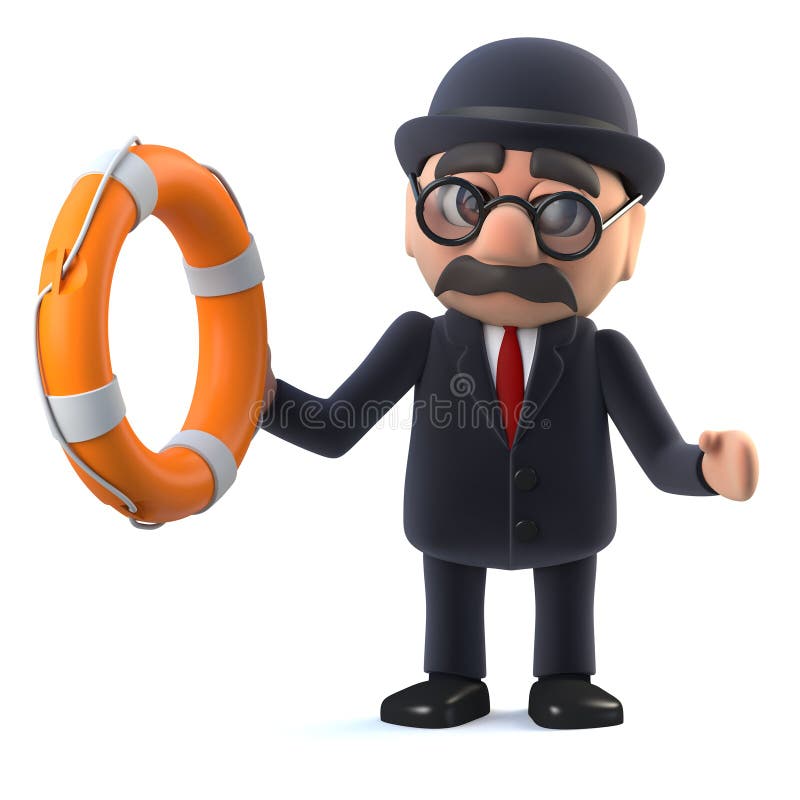 3d render of a bowler hatted British businessman holding a life ring. 3d render of a bowler hatted British businessman holding a life ring.