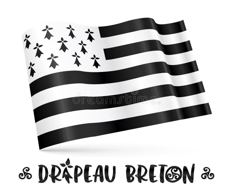 3D Breton Flag with Stylized Sign in French - Drapeau Breton Stock