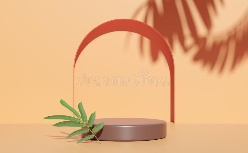 3d brown cylinder stage podium empty with shadow, blue sky, abstract geometric cosmetic showcase pedestal orange background.