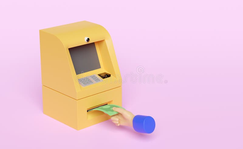 3d businessman hands withdrawal cash, cash deposit with atm machine transaction, banknote isolated on purple background. 3d render