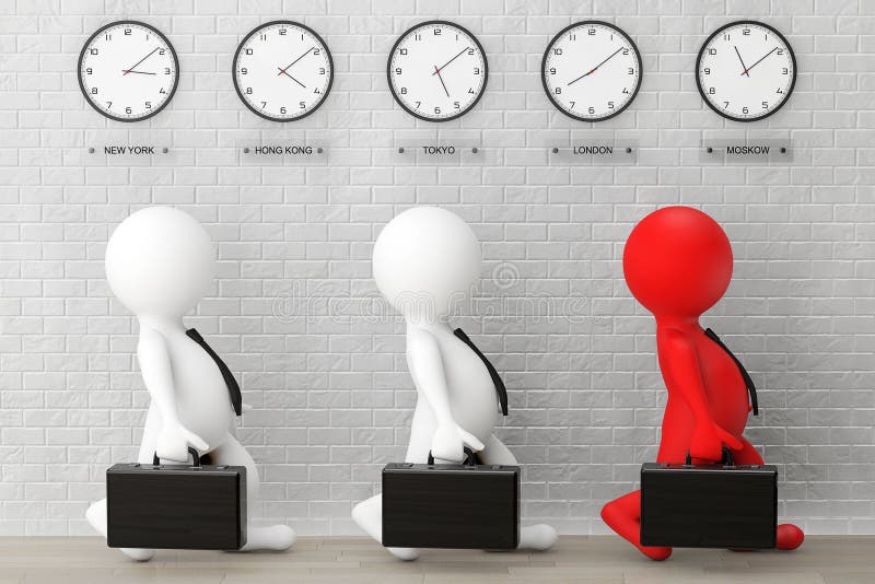 3d Businessmans Running with a Briefcase in Front of Time Zone C Stock