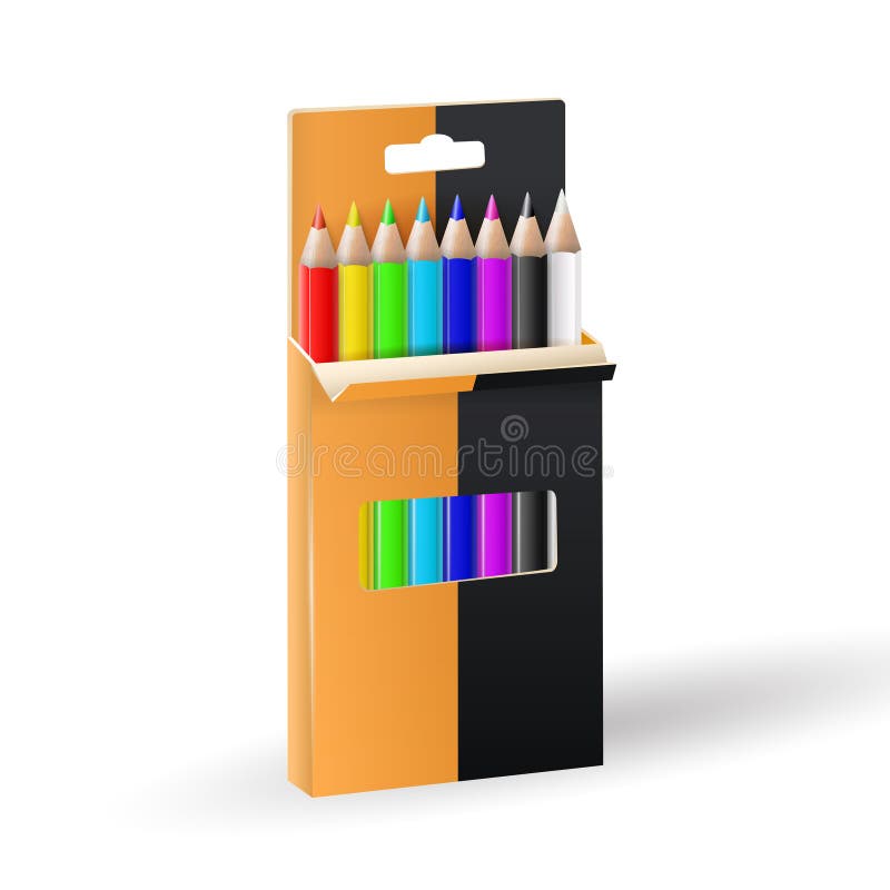  3d Caja De Lápiz De Color Herramientas De Madera Para Dibujar. Paquete De Colores 3d Escuela Y Kindergarten Herramientas Creativas Ilustración del Vector