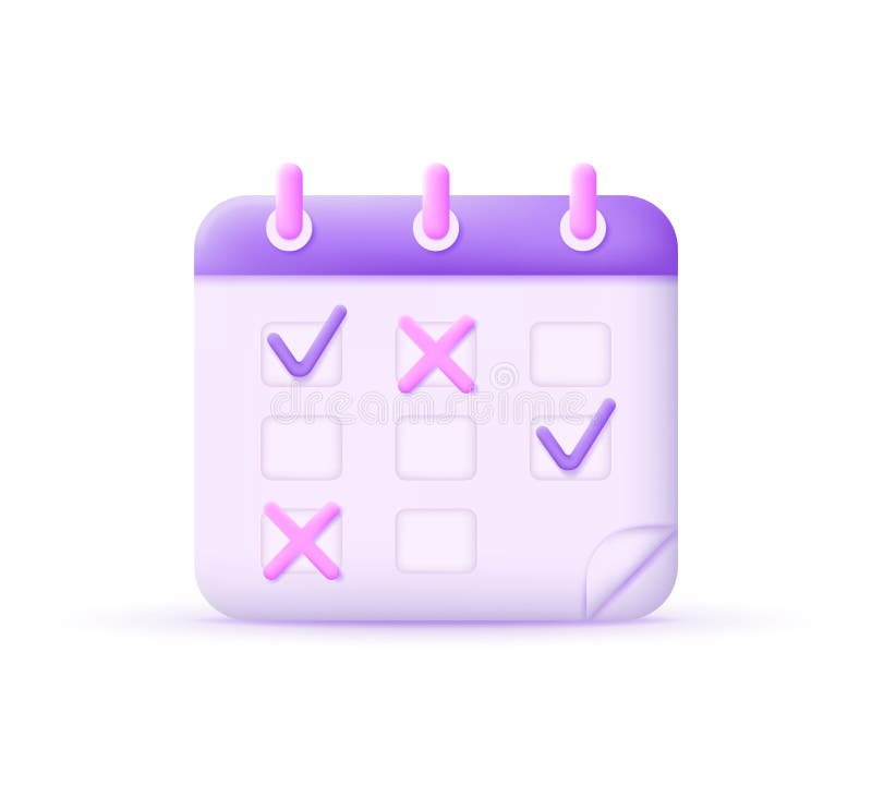 3d Calendar and Check Marks, Cross Sign Isolated on White Background