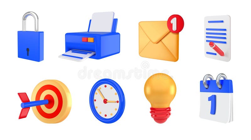 3D calendar icons. Unlock padlock. Printer and clock dial. Glass render with print paper. Mail envelope notification royalty free illustration