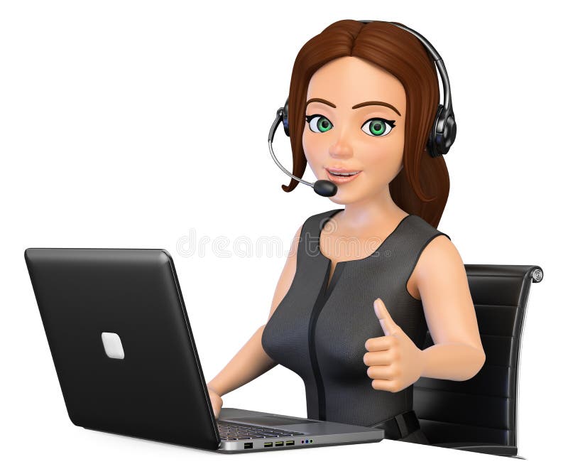3D call centreexploitant die met omhoog laptop en een duim werken
