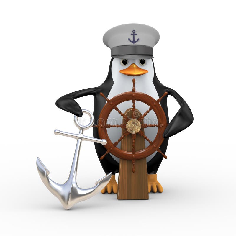 3d captain penguin with anchor and wooden rudder ship steering wheel