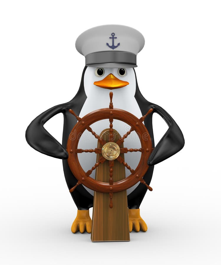 3d captain penguin sailing a wooden rudder ship steering wheel