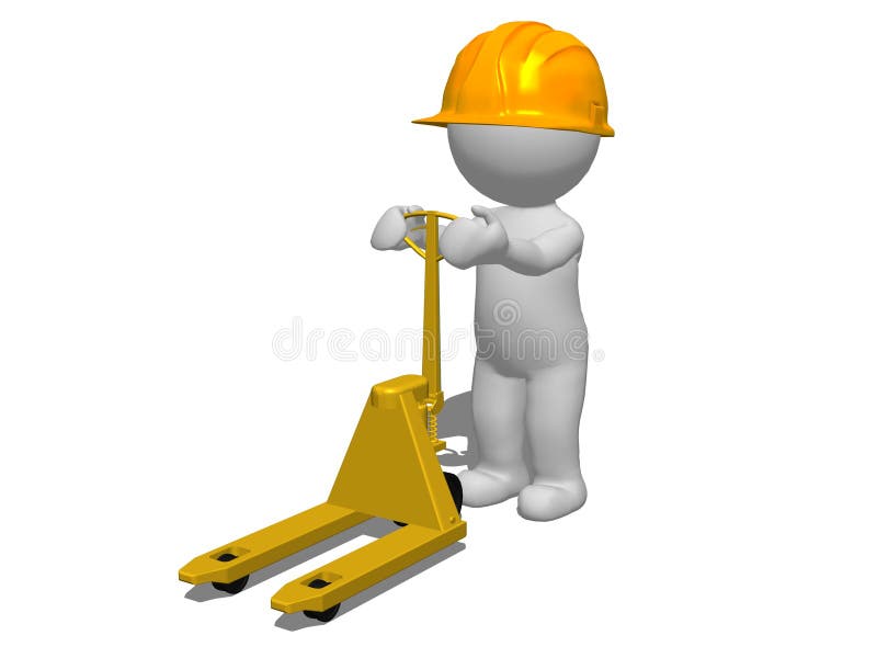 3d caracter om împingând un camion gol cu paleți cu căști de protecție galbene vector illustration