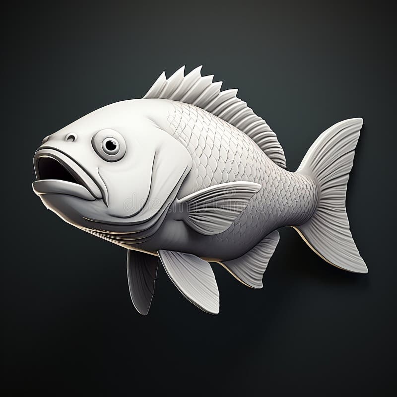 a 3d statue of a fish, featuring dark white and gray tones, with a caricature-like illustration style. the precisionist lines and black background enhance the overall effect. this kombuchapunk-inspired sculpture showcases a relief design, combining hyper-realistic animal illustrations. ai generated. a 3d statue of a fish, featuring dark white and gray tones, with a caricature-like illustration style. the precisionist lines and black background enhance the overall effect. this kombuchapunk-inspired sculpture showcases a relief design, combining hyper-realistic animal illustrations. ai generated