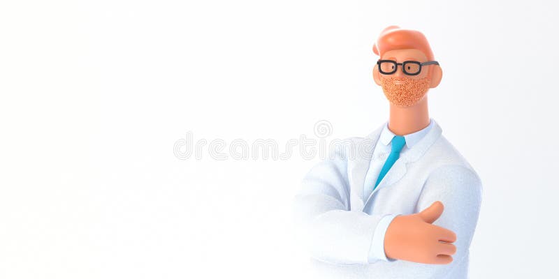 3D cartoon character. Medical insurance template -modern 3D concept digital illustration, doctor portrait. Young bearded man M.D. wearing glasses, white medical coat, tie, standing crossing his hands. 3D cartoon character. Medical insurance template -modern 3D concept digital illustration, doctor portrait. Young bearded man M.D. wearing glasses, white medical coat, tie, standing crossing his hands