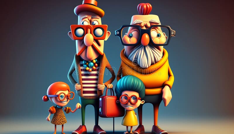 3D Cartoon Colorful Crazy Family. AI generative. Stock Photo