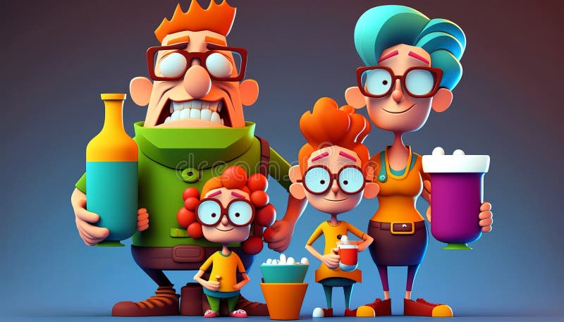 3D Cartoon Colorful Crazy Family. AI generative. Stock Photo