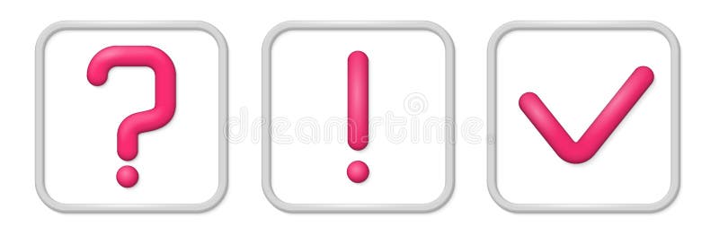 3D cartoon exclamation question and check mark icon. Online symbols set concept render symbol design. Web mobile app vector illustration